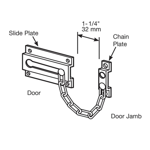 Diagram of Chain Door Guard With Steel Chain For Swinging Doors, Stamped Steel Construction, White Painted Finish, Easy Install