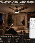 Man using remote control for 42 Inch Reversible Ceiling Fan With Integrated Light And Wireless Remote Providing Six Hella Quiet Speeds And Kickin Cooling Airflow For Your Ultimate Room Refresh.