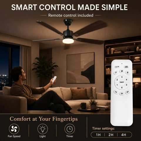 Man using remote control for 42 Inch Reversible Ceiling Fan With Integrated Light And Wireless Remote Providing Six Hella Quiet Speeds And Kickin Cooling Airflow For Your Ultimate Room Refresh.