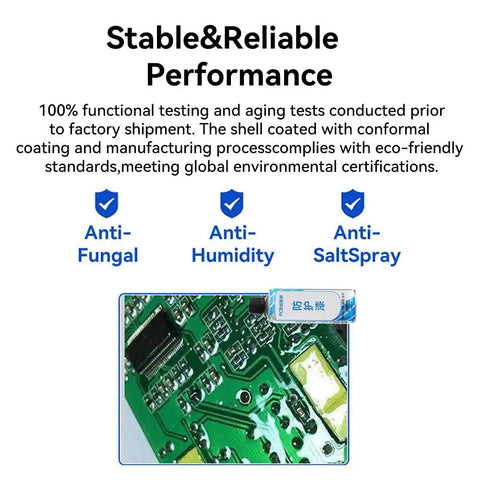 4DI 2AI 2DO RS485 RJ45 Analog and Digital IO Module showing PCB with anti-fungal, anti-humidity, anti-salt spray protection