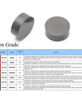 Round solid CBN inserts, 1/2 in diameter, dark gray; two pieces shown with CBN grade chart.