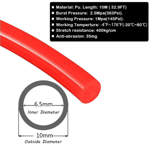 Red PU Pneumatic Tubing Hose For Air Compressors, 10mm Outer Diameter, 6.5mm Inner Diameter, 32.8 Feet Long, specifications visible