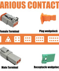 Diagram showing Deutsch Connector Kit 204 Piece Set With DT 2 3 4 6 8 12 Pin Plugs and various contact types.