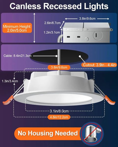 DUSKTEC Smart Recessed Lighting 4 Inch Color Changing LED Recessed Lights with cable and measurements displayed.