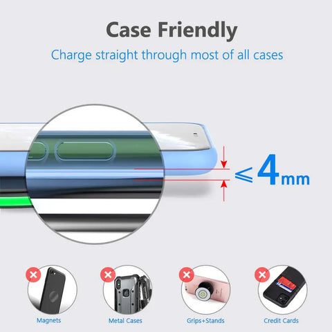 Fast Qi Wireless Charger Pad With 10W Max And 7.5W Modes For iPhone 17 Pro Max Air 16 15 14 13 12 11 And Samsung Galaxy S23 S24 S25 Plus AirPods Pro 3; case thickness compatibility diagram less than 4mm without metal or magnets