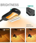 Amber Rechargeable Book Light With Blue Light Blocking For Night Reading Eye Safe 1600K Warm Glow shown with brightness levels and switch