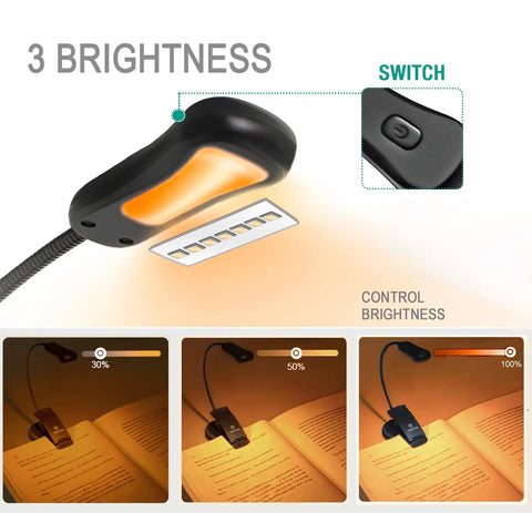 Amber Rechargeable Book Light With Blue Light Blocking For Night Reading Eye Safe 1600K Warm Glow shown with brightness levels and switch