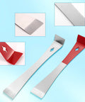 Two Pack Stainless Steel Pry Bars Set with flat mini crowbar, narrow trim tool, scraper edge, nail puller, and angled pry edge.