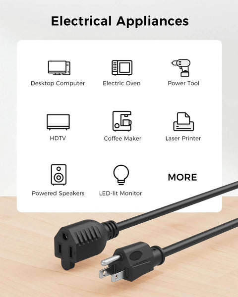 ETL Listed Two Pack 16 AWG Heavy Duty Power Extension Cords, 10 Foot, 3 Prong NEMA 5-15P To 5-15R, black cords on table