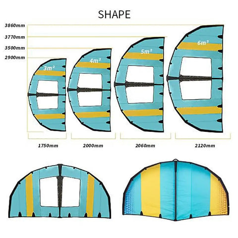 Inflatable Surfing Wing For Kitesurfing Foil Boards, 4m2 Handheld Wind Wing With Window, shown in size comparison chart
