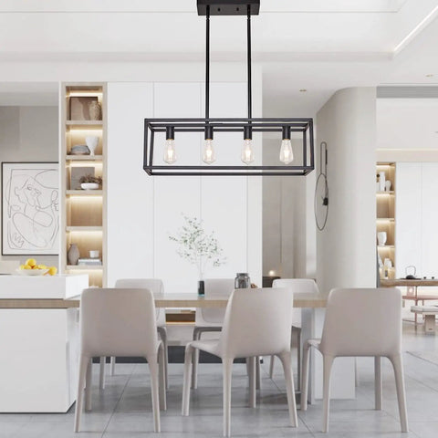 Farmhouse Rectangle Chandelier For Dining Room And Kitchen Island, Modern Linear Hanging Light Fixture in dining area