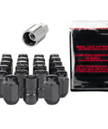 Black Cone Seat Wheel Installation Kit with M14 x 1.5 thread, 22mm hex, 18 lug nuts, 5 locks, 1 key, pouch for steel and aluminum wheels