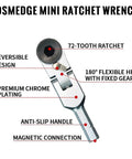 Heavy Duty Flex Head Ratchet Wrench With Hex Bit Extension And One Quarter Inch T Handle Ratchet Tool Including Socket Adapter Set Three Piece Pack showing a mini ratchet with chrome finish and flexible head.