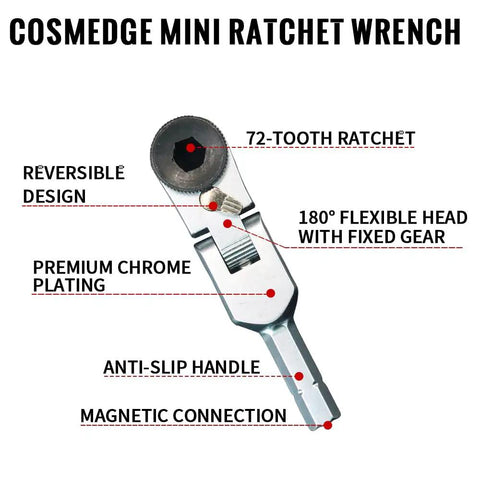 Heavy Duty Flex Head Ratchet Wrench With Hex Bit Extension And One Quarter Inch T Handle Ratchet Tool Including Socket Adapter Set Three Piece Pack showing a mini ratchet with chrome finish and flexible head.