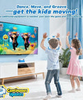Active Motion Console With 41 Motion Games For Kids And Family, No Subscriptions, Continuous Updates, Plug And Play For Party Nights And Playdates, Dance, Sports, Puzzles, And Music Challenges kids dancing in living room