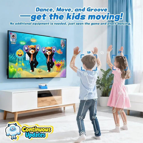 Active Motion Console With 41 Motion Games For Kids And Family, No Subscriptions, Continuous Updates, Plug And Play For Party Nights And Playdates, Dance, Sports, Puzzles, And Music Challenges kids dancing in living room