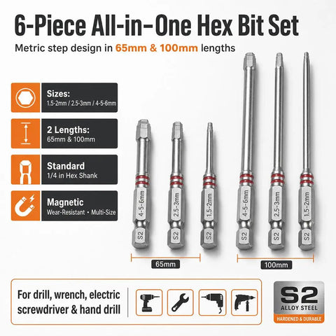 Six-Piece Magnetic Hex Screwdriver Bit Set With Universal Multi-Size Step Design, 1.5-6mm Hex Shanks on display
