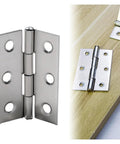 Rotating Concealed Hinges Set For Doors And Cabinets Stainless Steel 10 Pack, close-up view on door and installed example on wood surface