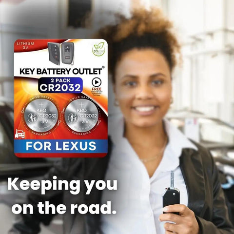 Woman holding Lexus key fob near Two Pack CR2032 Key Fob Batteries For Lexus Remote Replacement Kit With OEM Quality Cells box