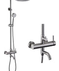 304 Stainless Outdoor Shower Kit in Brushed Nickel with overhead rain shower and handheld spray, durable high-pressure system.