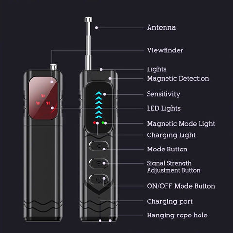 Hidden Camera Detector With Anti Spy RF Signal Scanner And Lens Finder Portable One Hand Operation 5 Level Sensitivity Bug Detector For GPS Trackers Ideal For Travel Hotel Home And Office Security, black handheld device