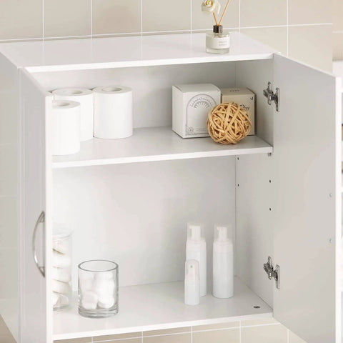 Space Saving Wall Cabinet For Bathroom Kitchen And Laundry With Enclosed Doors Adjustable Shelf And Three Height Options Over Toilet Storage White Finish A Versatile Wall Organizer For Home Garage, open doors with toiletries inside