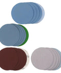 125mm Hook Loop Sanding Discs 5 Inch Pack Of 100 Assorted Grit Premium Flocking Sandpaper assortment shown in various colors.