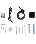 Top Tier Jauarta Mini Electric Soldering Iron Kit With Power Adapter Plus 4 Interchangeable Tips For Welding Work At Any Time Using USB Power Supply In Cool Blue Color components including soldering iron, USB cable, tips, and tools.