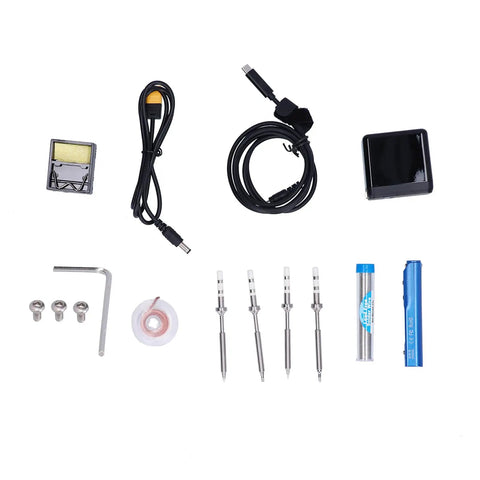 Top Tier Jauarta Mini Electric Soldering Iron Kit With Power Adapter Plus 4 Interchangeable Tips For Welding Work At Any Time Using USB Power Supply In Cool Blue Color components including soldering iron, USB cable, tips, and tools.