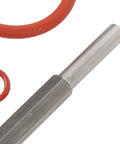 Rock Solid Silicone Coffee Machine O Ring Seals Repair Kit With 30 Pcs Essential Gaskets Plus Stainless Steel Tool Key For Leak Proof Seal Maintenance On Espresso Makers To Bash Drips And Banish Nasty Spills While Maintaining Heat Resistance. close-up stainless steel tool and red silicone O-ring