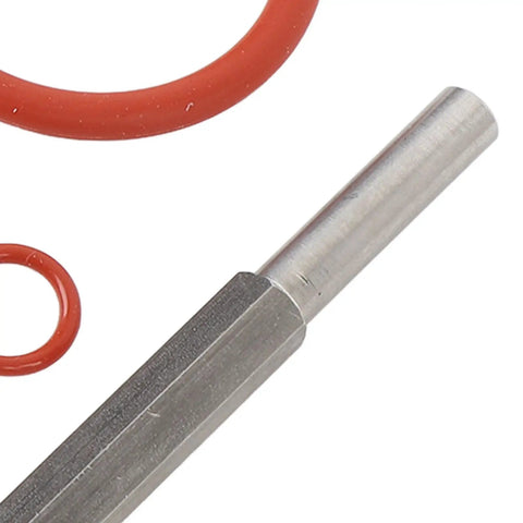 Rock Solid Silicone Coffee Machine O Ring Seals Repair Kit With 30 Pcs Essential Gaskets Plus Stainless Steel Tool Key For Leak Proof Seal Maintenance On Espresso Makers To Bash Drips And Banish Nasty Spills While Maintaining Heat Resistance. close-up stainless steel tool and red silicone O-ring