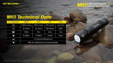 MH11 1000 Lumen Rechargeable Flashlight With USB C Fast Charge on rocks, showing technical data in background
