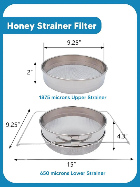 All In One Honey Extractor Kit And Harvest Gear For Easy Harvesting stainless steel double sieve strainer dimensions shown