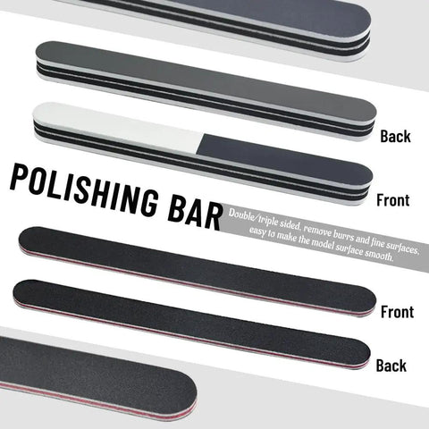 Polishing bar from 28 Piece Model Tools Kit For Hobby Builders, Essential DIY Craft Set For Cars, Airplanes, Buildings, Robots And Gundam Plastic Models, Quick Repairs And Fine Detailing For Beginners And Pros, showing front and back views.