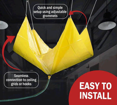 5x5 Foot Roof Leak Diverter Tarp Vinyl Coated With Heavy Duty Grommets Yellow Rain Catcher For Ceiling Drips installed indoors