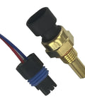 Engine coolant temperature sensor with pigtail connector; front view, brass body, black tip, blue-wire harness.