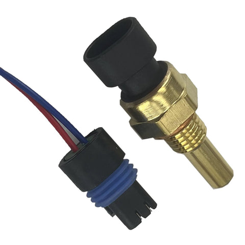 Engine coolant temperature sensor with pigtail connector; front view, brass body, black tip, blue-wire harness.