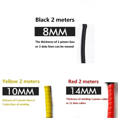 Black, yellow, red spiral cable sleeves 2m for 8mm, 10mm, 14mm wires. Spiral Cable Management Sleeve 2M For 8Mm 10Mm 14Mm Wires