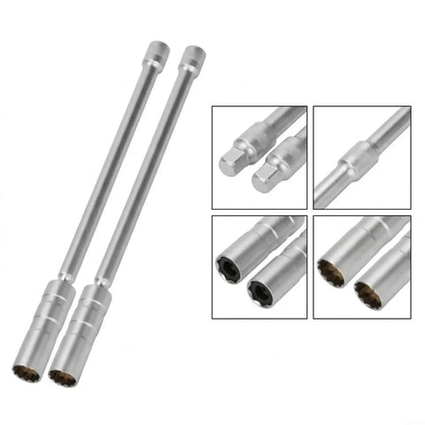 Tough As Nails Extended Spark Socket Wrench Kit For 14Mm And 16Mm Plugs includes two long silver spark sockets with hex tabs.