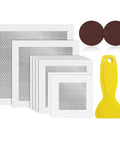 Eight Piece Aluminum Fiber Mesh Spackle Patch Kit For Drywall Repair Quick And Easy Wall Hole Fix DIY Friendly Includes 2, 4, 6, And 8 Inch Patches Durable Home Improvement Repair Solution displayed with patches, scraper, and sanding discs.