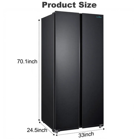 15.6 Cubic Foot Side By Side Refrigerator In Sleek Black 33 Inch Wide Full Size Design Offering Roomy Storage And Swanky Shelves packed with ample freezer space, dimensions shown.