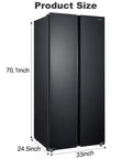 Killer Side By Side Refrigerator In Matte Black Offering 15.6 Cubic Feet Of Straight Up Family Storage Plus Huge Freezer Section For Your Ultimate Kitchen Flex, showing dimensions 70.1x33x24.5 inches.
