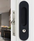 6.8 Inch Privacy Pocket Door Lock Hardware With Key Sliding Pocket Door Handle, black finish, installed on interior door