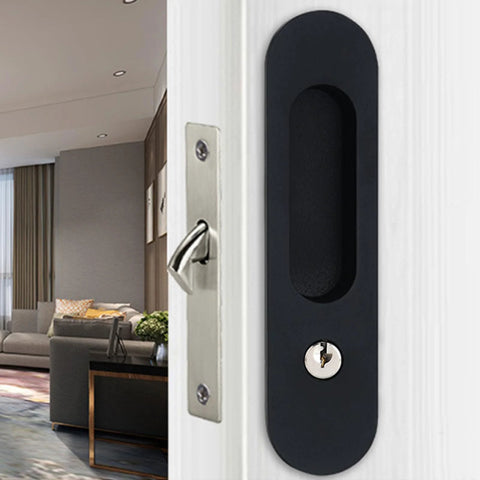 6.8 Inch Privacy Pocket Door Lock Hardware With Key Sliding Pocket Door Handle, black finish, installed on interior door