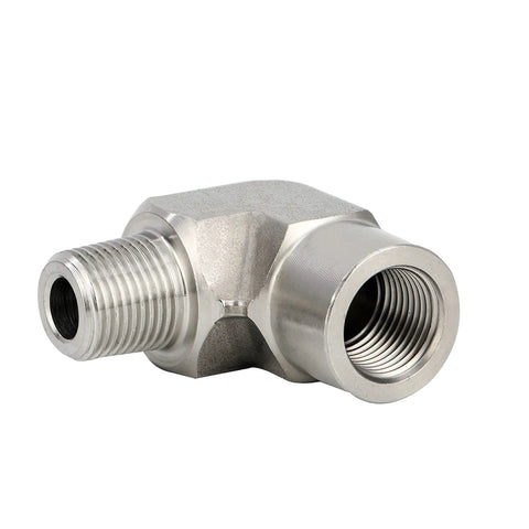 Metalwork 304 stainless steel 90-degree street elbow; side view, forged pipe fitting, 1/4 NPT female x 1/4 NPT male