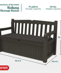 Solana 70 Gallon Storage Bench Deck Box with All Weather Resin and Wood Look Finish, dimensions 54.6x23.4x32.8 inches