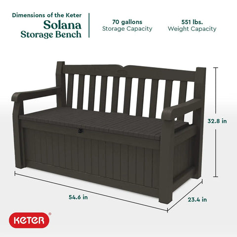 Solana 70 Gallon Storage Bench Deck Box with All Weather Resin and Wood Look Finish, dimensions 54.6x23.4x32.8 inches