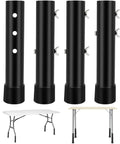 4 Pack Heavy Duty Table Leg Extenders Rock Solid Steel Risers for Folding Tables, adjustable height lifters in black stainless steel.