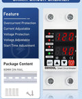 Adjustable Voltage Protector For 110V 220V Setups With Undervoltage 70-200V And Overvoltage 140-300V Cutoff 1-63A Overcurrent Protection Smart Circuit Breaker AC Disconnect DIN Rail Mount 12 Presets shown with features and DIN rail.
