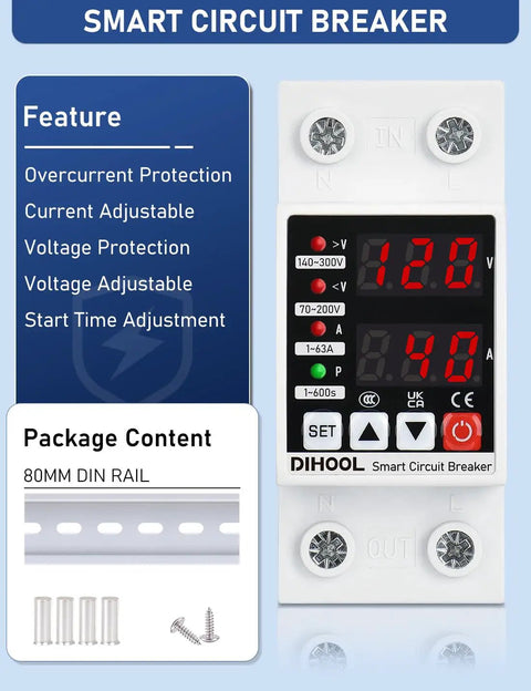 Adjustable Voltage Protector For 110V 220V Setups With Undervoltage 70-200V And Overvoltage 140-300V Cutoff 1-63A Overcurrent Protection Smart Circuit Breaker AC Disconnect DIN Rail Mount 12 Presets shown with features and DIN rail.